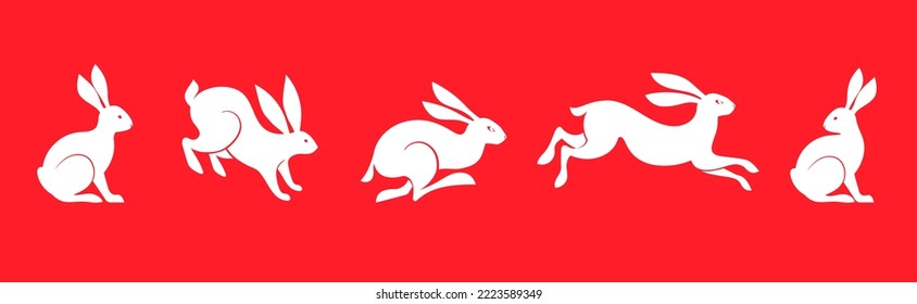 Collection of rabbits, bunnies illustrations. Chinese new year 2023 year of the rabbit - set of traditional Chinese zodiac symbol, illustrations, art elements. Lunar new year concept, modern design