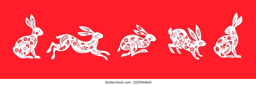 Collection of rabbits, bunnies illustrations. Chinese new year 2023 year of the rabbit - set of traditional Chinese zodiac symbol, illustrations, art elements. Lunar new year concept, modern design