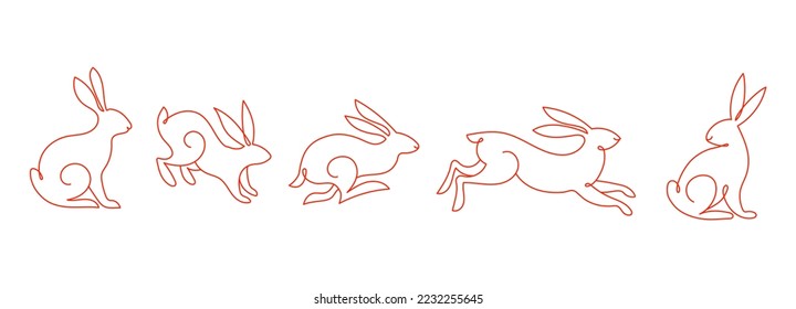 Collection rabbits  bunnies linear illustrations  Chinese new year 2023  year the rabbit    set traditional Chinese zodiac symbol  illustrations  art elements  Lunar new year concept  modern