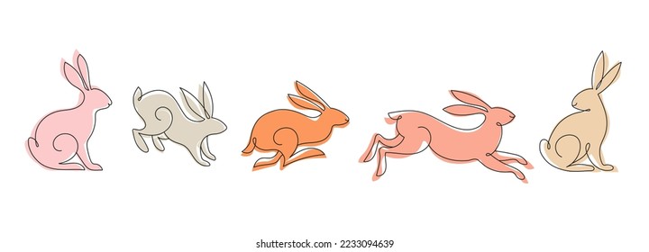 Collection of rabbits, bunnies linear illustrations. Chinese new year 2023, year of the rabbit - set of traditional Chinese zodiac symbol, illustrations, art elements. Lunar new year concept, modern