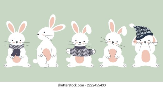 Colección de conejos. Conejos en un sombrero, en un suéter, con una bufanda. Año del conejo, símbolo del 2023.