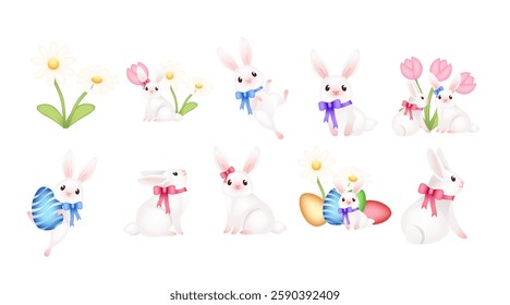 Collection of rabbits in Easter-themed style, painted eggs, flowers, and ribbons. Cute cartoon animal design, realistic. Vector illustration isolated on white background.