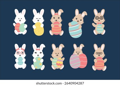 Collection of rabbits and eggs with cute decorations