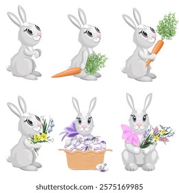 Collection of rabbits with flowers,carrots,Easter eggs,isolated on a white background.Vector set of bunnies for holiday designs,children's textiles, postcards.
