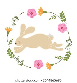 Collection of rabbits and forest elements in folk style. Cute beige rabbit is jumping in the center of a circle folk wreath. Vector illustration suitable for use in spring, children's room or Easter.
