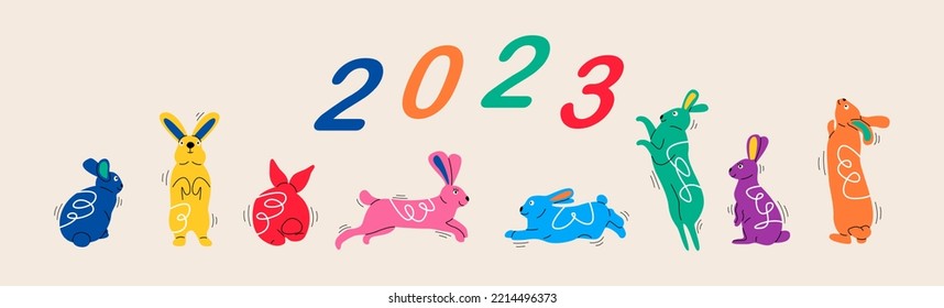 Colección de ilustraciones de conejos. Año nuevo chino 2023 del conejo, símbolo zodiaco chino. Ilustración vectorial colorida
