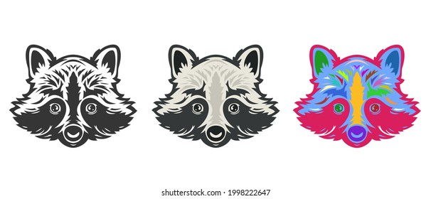 Collection raccoon head in hand drawn sketch style isolated on white background. Modern graphic design element for label or poster. Vector art illustration.