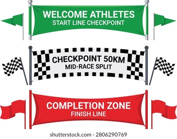 Collection of race event banners featuring start line, checkpoint, and finish line signage with colorful flags and checkered patterns. Ideal for marathon events, sports competitions, cycling races, athletic tournaments, and event promotion materials.