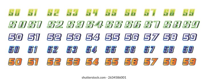 collection of racing numbers 50 to 60 with various models and colors on a white background