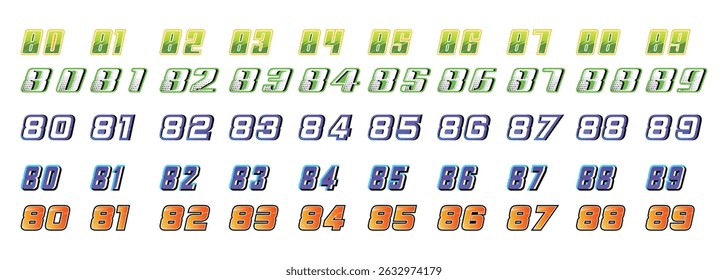 collection of racing numbers 80 to 90 with various models and colors on a white background - Powered by Shutterstock - Get 15% off with code: PIKWIZARD15