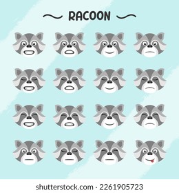 Collection of racoon facial expressions in flat design style