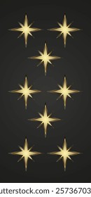 The collection of radiant eight-pointed stars with sharp, groups of symmetrical golden edges against a dark background.

