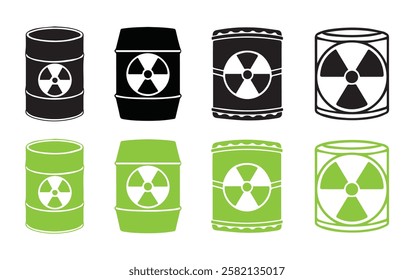 Collection of radioactive barrel icon on white background