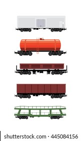 Collection of rail freight wagons. Five different types of cars include freight cars, dump-car, open wagon, road cars, refrigerators, hopper, tank and other