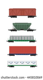 Collection of rail freight wagons. Five different types of cars include freight cars, dump-car, open wagon, road cars, refrigerators, hopper, tank and other