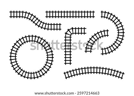 Collection of railroad segments. Rail road elements top view. Train track straight and waved lines isolated on white background. Vector illustration.