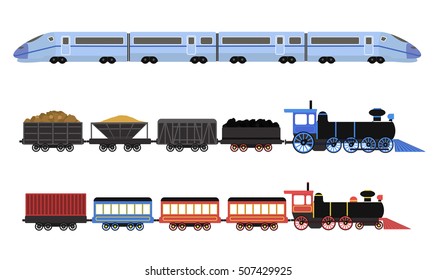 Collection of railway locomotives, passengers wagons and speed trains. Flat vector illustration.