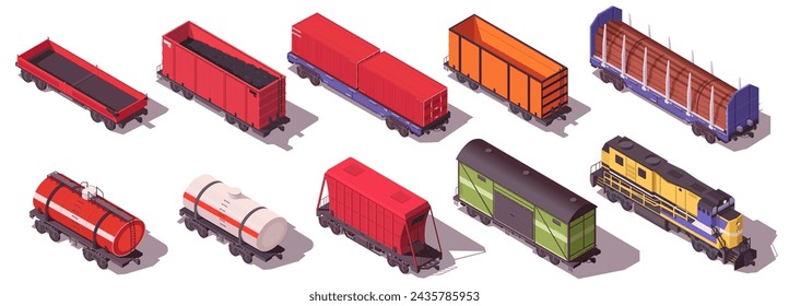 Collection of railway train wagon, locomotive transport, cargo transportation, railroad carriage, set of rail vehicle, cute cartoon design. Isolated on white background. Isometric vector illustration