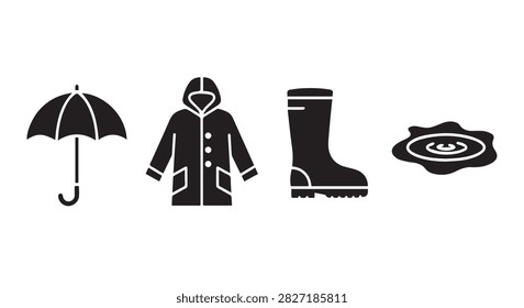 Collection of rain gear including umbrella, raincoat, boots, and puddle, ideal for wet weather protection and outdoor activities during rainy days.