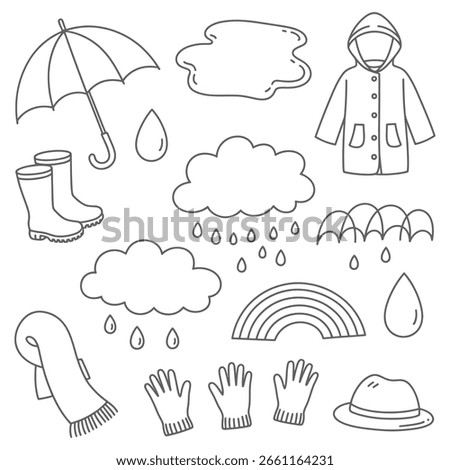 Collection of rain gear and weather elements including an umbrella boots raincoat scarf gloves hat rainbow clouds and raindrops