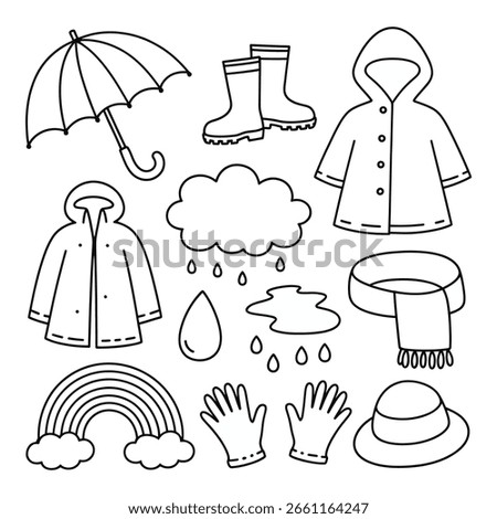 Collection of rain gear and weather elements including an umbrella, raincoats, boots, scarf, hat, gloves, rainbow, cloud, and puddles.