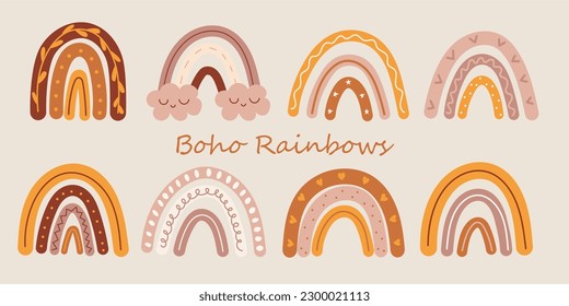 Collection Rainbow boho print. Scandinavian Rainbow Modern Childish style. Elements for print, postcard and poster