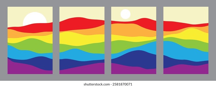 Collection of rainbow colored mountains, translucent waves, abstract glass shapes, modern background, design vector illustration