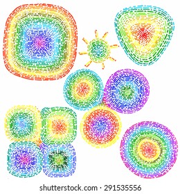 Collection with rainbow hand drawn geometric figures: round, square,  triangle. Abstract design