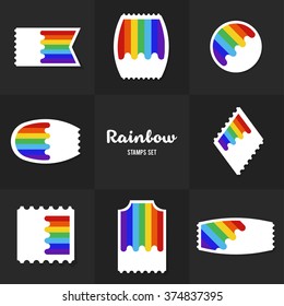 Collection Rainbow postage stamp, cards, notes, stickers, labels, tags. Template for scrapbooking, wrapping, notebooks