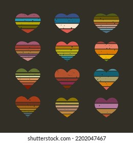 Collection of rainbow striped multicolored hearts. Heart-shaped elements with the effect of scuffing, antiquity, grunge