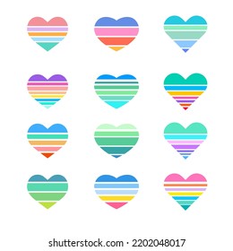 Collection of rainbow striped multicolored hearts. Heart-shaped elements isolated on a white background