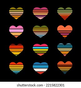 Collection of rainbow striped multicolored hearts. Heart-shaped elements on a black background