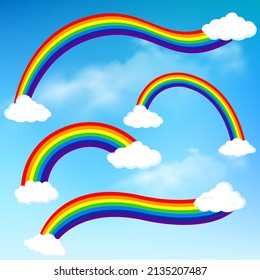Collection of rainbow vector illustration isolated on blue sky background. Set of colorful rainbow collection illustration. Elegant colorful rainbow design vector illustration isolated on blue sky bac