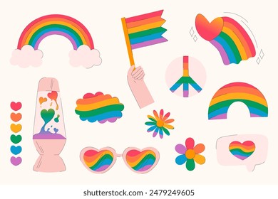 Collection of rainbow-colored pride stickers, hearts, flowers, a peace sign, a lava lamp, sunglasses, a flag. LGBTQ illustrations symbolizing love and diversity for inclusive projects.