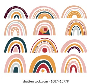 Collection of rainbows, isolated elements on white background; nursery art design, for printing on baby clothes and textiles, home decor art.  Ethnic background. vector illustration, eps 10