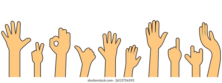 Collection of raised hands. Modern design. People's raised hands icon set. Set of different raising hands icon design.