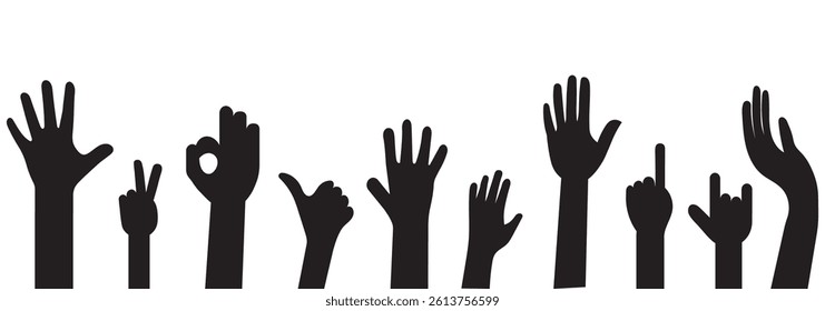 Collection of raised hands. Modern design. People's raised hands icon set. Set of different raising hands icon design.