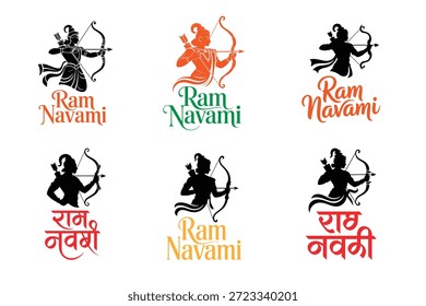 Colección de logotipos de Ram Navami con siluetas de arco y flecha en varios colores y Fuentes sobre fondo blanco