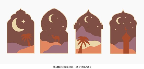 Collection of ramadan arch Islamic windows with modern boho design, moon, mosque dome and lanterns. Vector illustration