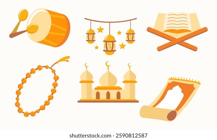 A collection of Ramadan and Eid icons featuring a drum (bedug), Quran, prayer beads (tasbih), mosque, prayer rug (sajadah), and lantern.These symbols represent the rich culture and traditions of Islam