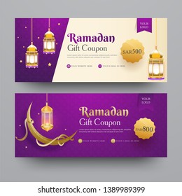 Colección de Cupón Regalo Ramadán con diferentes ofertas de descuento, luna creciente y linternas iluminadas.