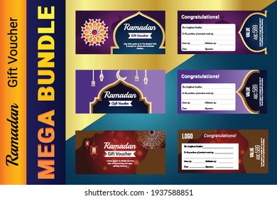 Colección de cupón de regalo de Ramadán con diferentes ofertas de descuento, promoción de plantilla de cupón de regalo Descuento de venta, planilla de cupón de regalo perfecto para impresiones, volantes, banners, promoción,oferta especial
