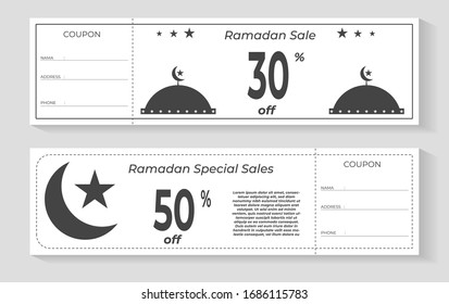 Collection of Ramadan Gift Coupons with various discount offers, special sales of Ramadan, mosque and crescent.