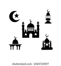 a collection of Ramadan icon packages with a white background, mosque icons, crescent moon, lantern, dome, Islam, tree, breaking the fast for the month of Ramadan,ramadan silhouette icon 