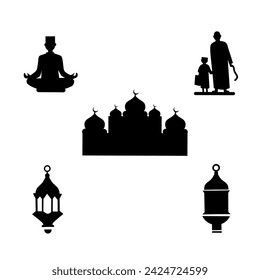 a collection of Ramadan icon packages with a white background, mosque icons, crescent moon, lantern, dome, Islam, tree, breaking the fast for the month of Ramadan,ramadan silhouette icon 