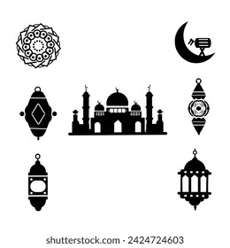 a collection of Ramadan icon packages with a white background, mosque icons, crescent moon, lantern, dome, Islam, tree, breaking the fast for the month of Ramadan,ramadan silhouette icon 