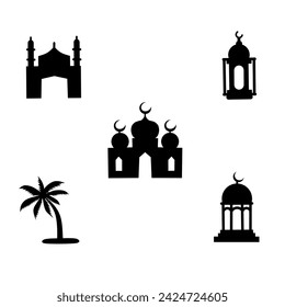 a collection of Ramadan icon packages with a white background, mosque icons, crescent moon, lantern, dome, Islam, tree, breaking the fast for the month of Ramadan,ramadan silhouette icon 