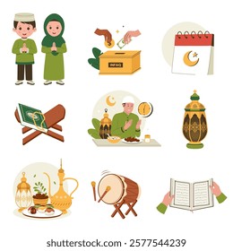 Collection of ramadan illustrations. greetings of ramadan children, breaking fast, infaq, bedug, reading the quran. Illustration for website, landing page, mobile app, poster and banner.