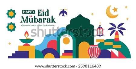 collection of ramadan kareem design elements in the form of colorful landscapes, mosque domes and islamic icons, crescent moon in flat geometric style