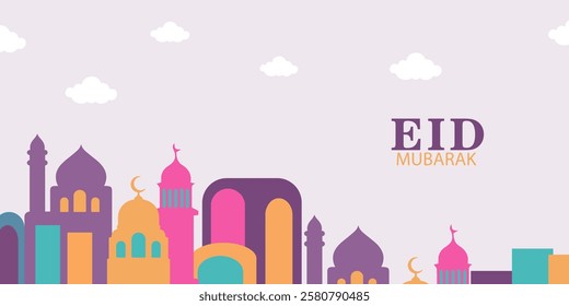 Collection of Ramadan Kareem or Eid mubarak posters,Ramadan greeting cards, holiday covers.Modern beautiful design in pastel colors with mosque, moon crescent, stars in the sky and copy space for text